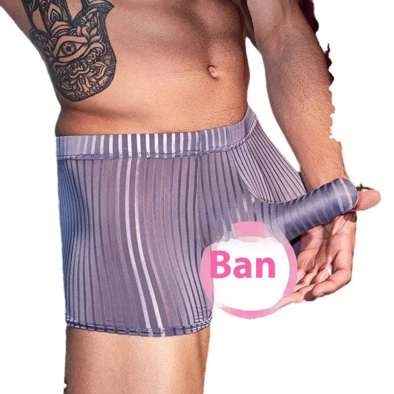 Men's black striped nylon boxer briefs laid flat, showing seamless construction and elastic waistband.
