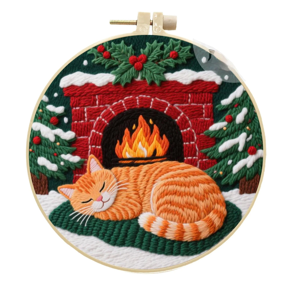 Cat embroidery DIY kit showing autumn fruit patterned cotton linen fabric with imitation bamboo embroidery frame
