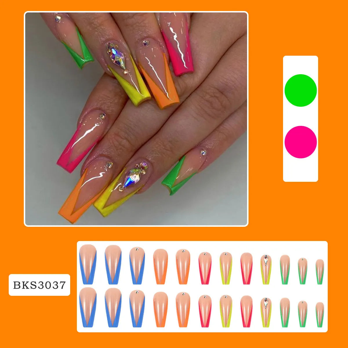 Diamond colour French nail tips BKS3037 with detachable design, jelly glue, and filing strip.