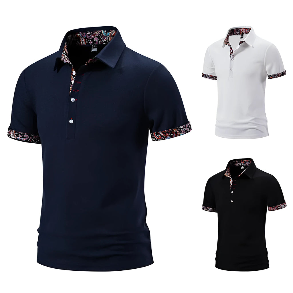 Men's polo shirt with colour-stitch turnover collar in cotton blend fabric