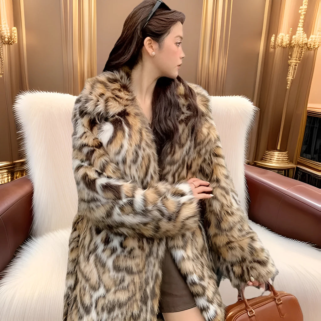 Artificial fur coat with faux fur fabric and fur collar in street fashion style