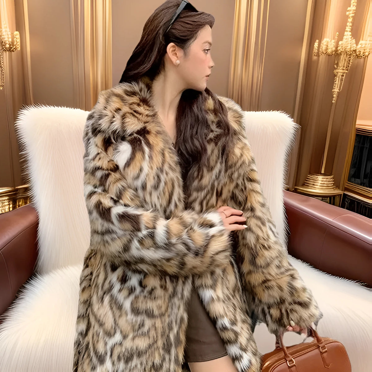 Artificial fur coat with faux fur fabric and fur collar in street fashion style