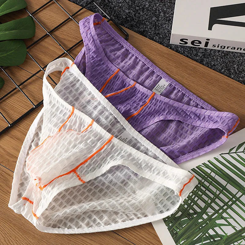 Men's solid colour ice silk lace low waist briefs for sports