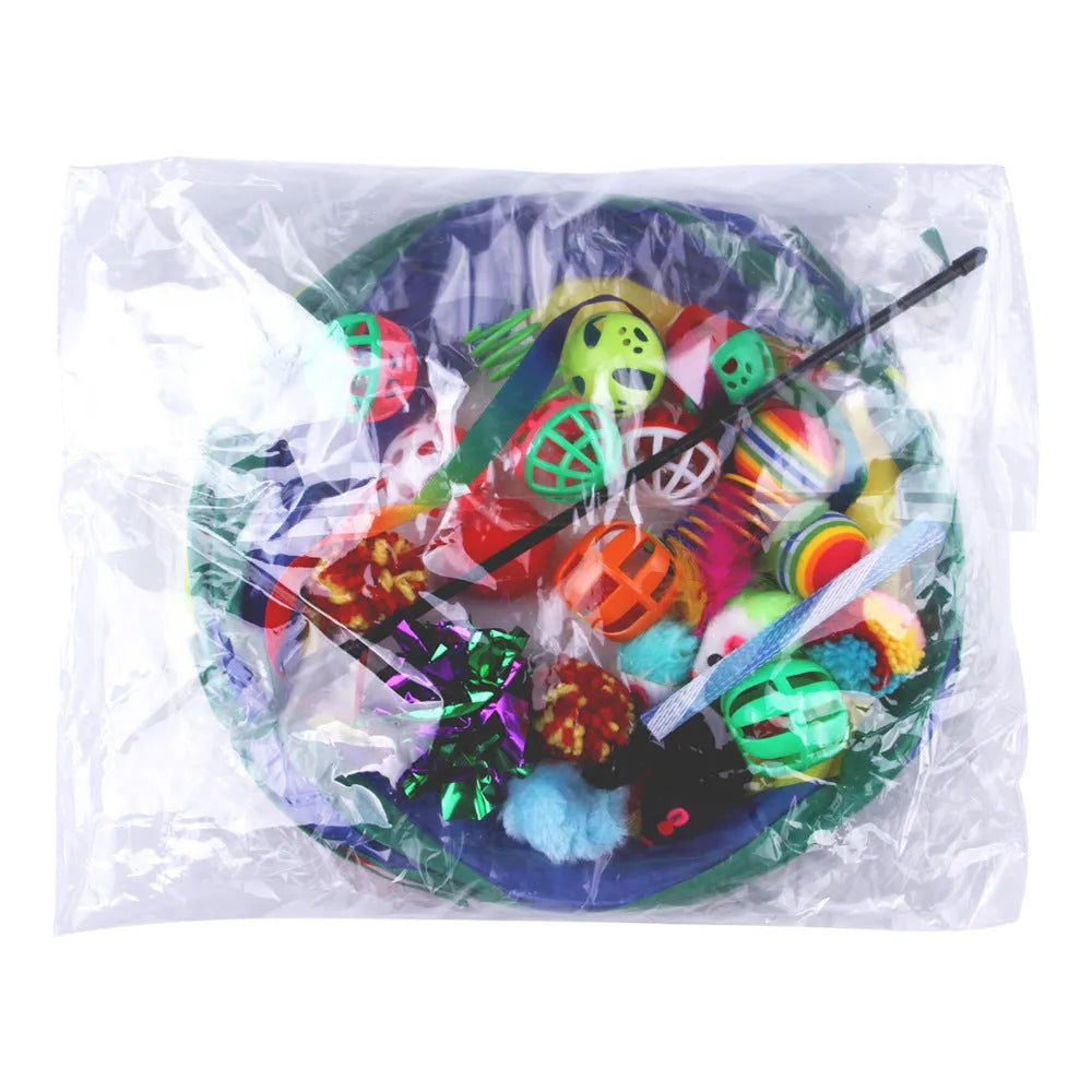 Plastic cat tunnel toy showing a channel structure, available in various colours with small random-colour accessories.