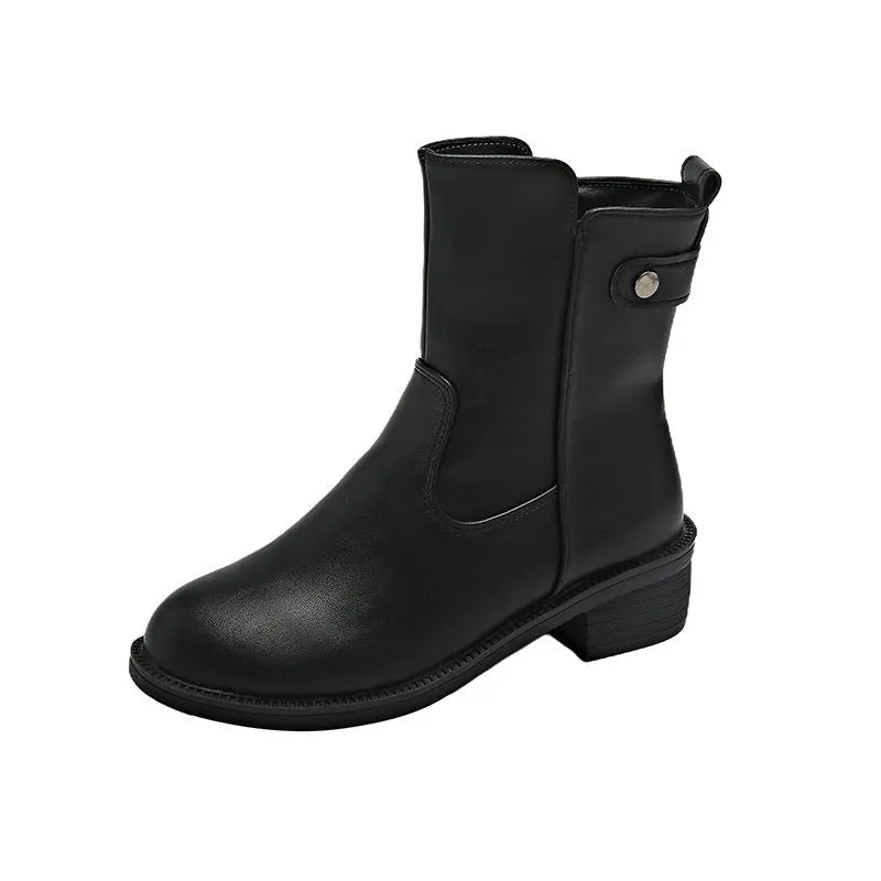 Black women's low heel ankle boots with side zip and round toe