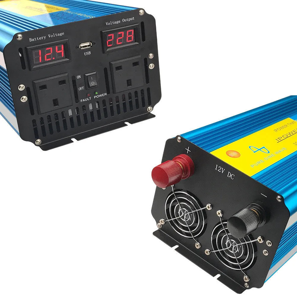Blue 3000W 6000W dual display car power inverter with remote control and UK plug socket.