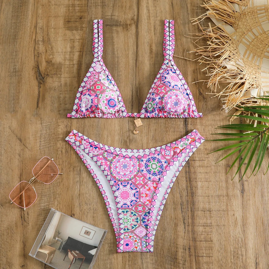 Retro printed women's bikini in polyester fabric for swimming sports