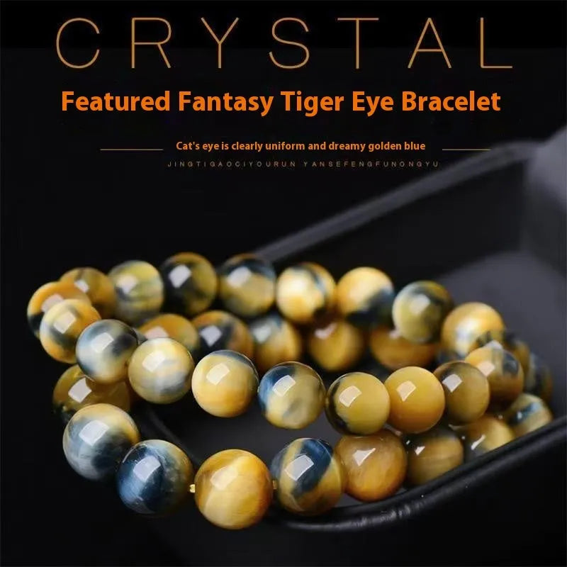 A geometric agate fantasy tigereye bracelet with round beads, shown in unisex styling.
