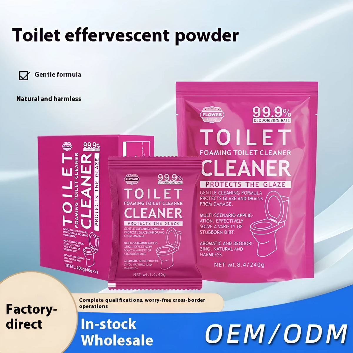 Toilet bubble powder for descaling in blue ocean or pink floral scent, 240g bag or 5x40g sachets box.