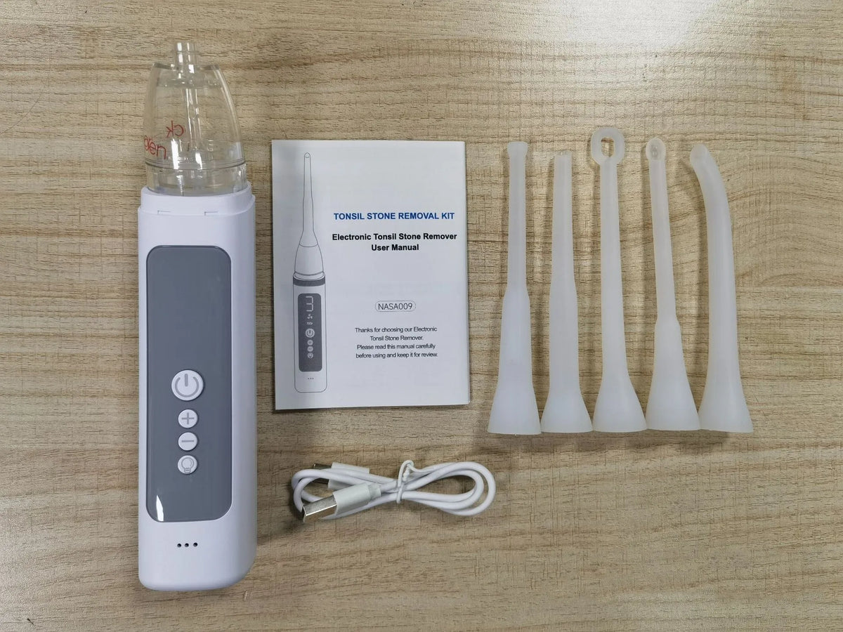 Milky white tonsil stone removal kit with multiple oral cleaning tools