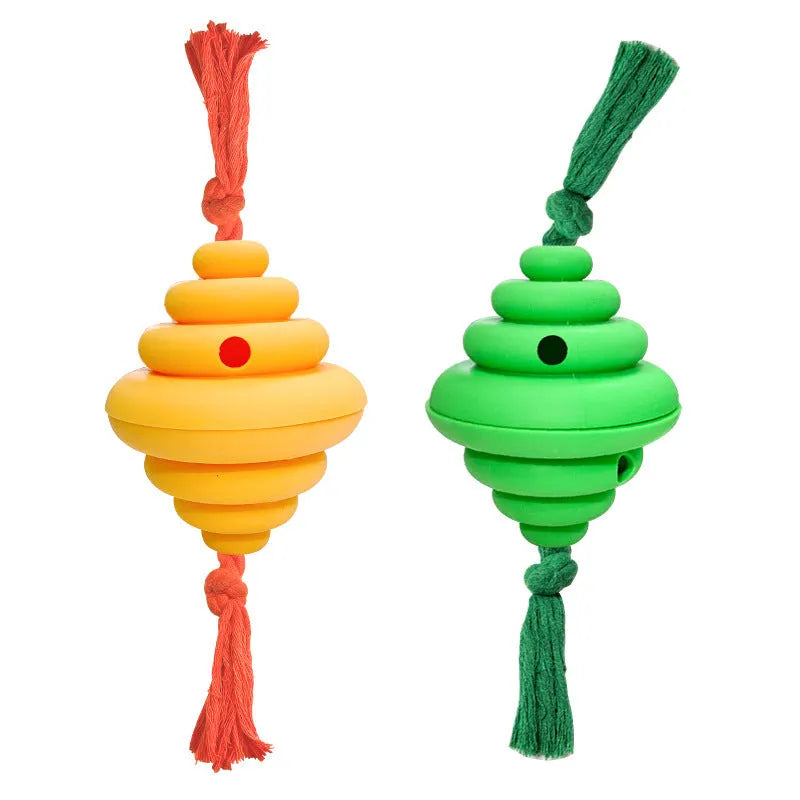 Green and yellow split spiral dog ball with rope attachment for interactive play and treat dispensing
