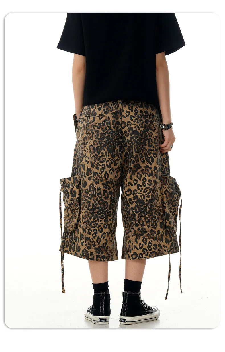 Women's leopard print cotton cropped trousers with high waist and button fly