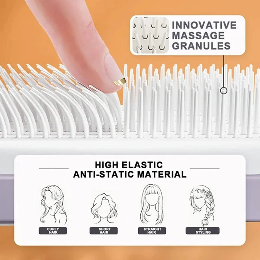 Self-cleaning hair brush in Roland purple colour showing rotate handle mechanism and bristle design