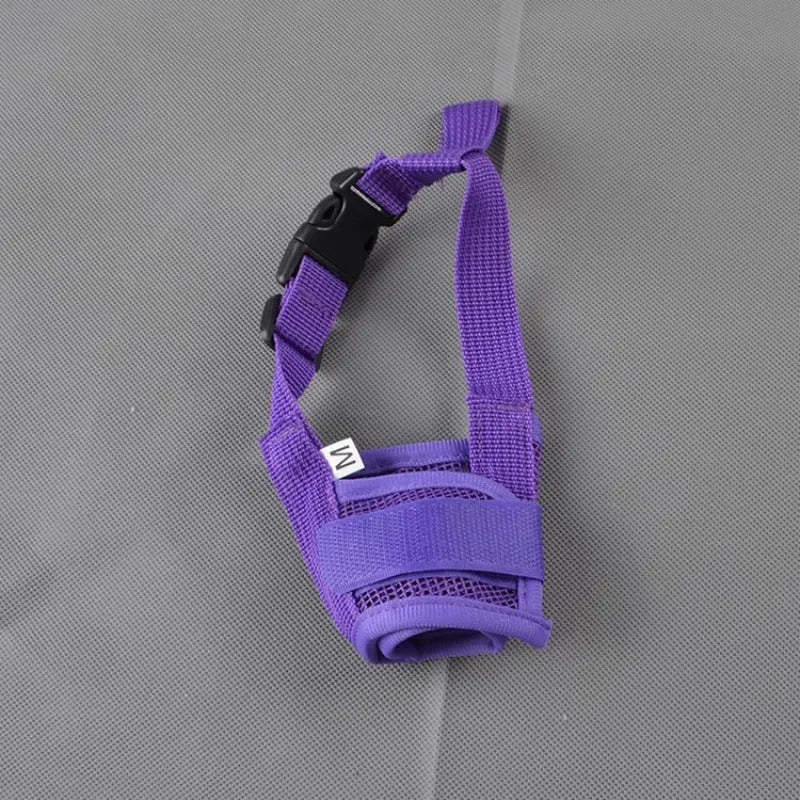 Adjustable plastic dog muzzle shown in multiple colours and sizes for biting and barking control.