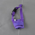 Adjustable plastic dog muzzle shown in multiple colours and sizes for biting and barking control.