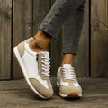 Women's flat-heeled shoes in artificial PU with rubber sole, available in grey, white, and champagne colours