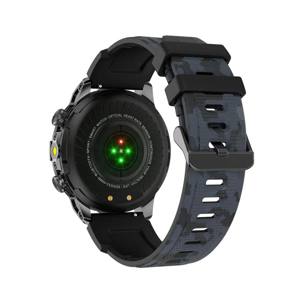 Black sports watch with AMOLED screen showing fitness data on liquid silicone strap