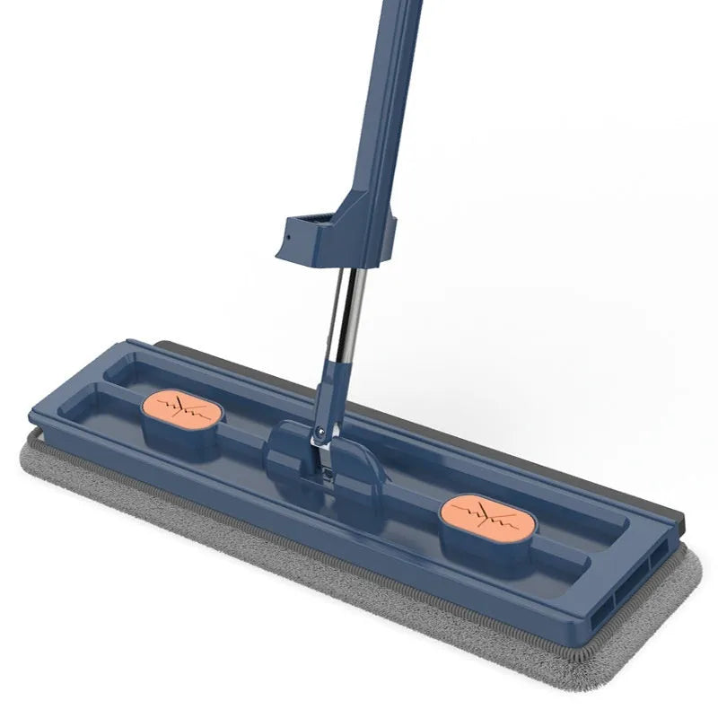 Large blue flat mop with long stainless steel handle and 360-degree rotating head on a hard floor