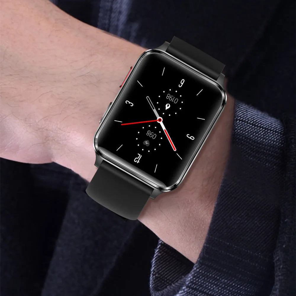 Multi-sport smart watch with tempered glass screen showing health metrics, on a silicone wristband.