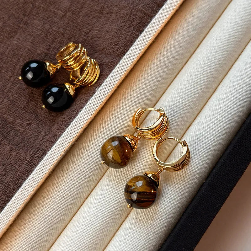 Gold-plated tigereye geometric earrings with circular details in brown or black French retro style