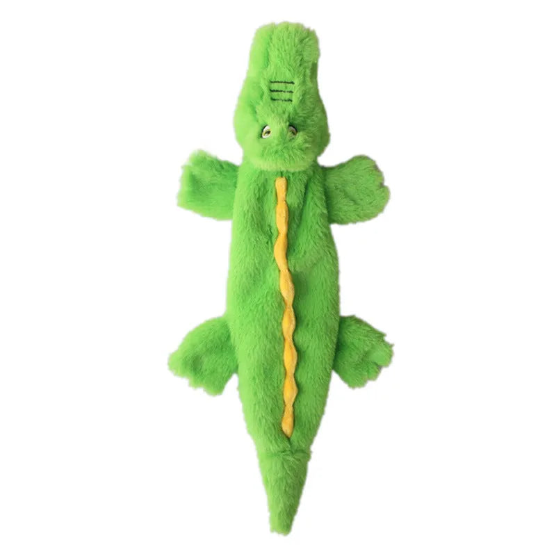 Green crocodile-shaped plush dog toy with no stuffing, for aggressive chewing.