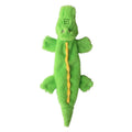 Green crocodile-shaped plush dog toy with no stuffing, for aggressive chewing.