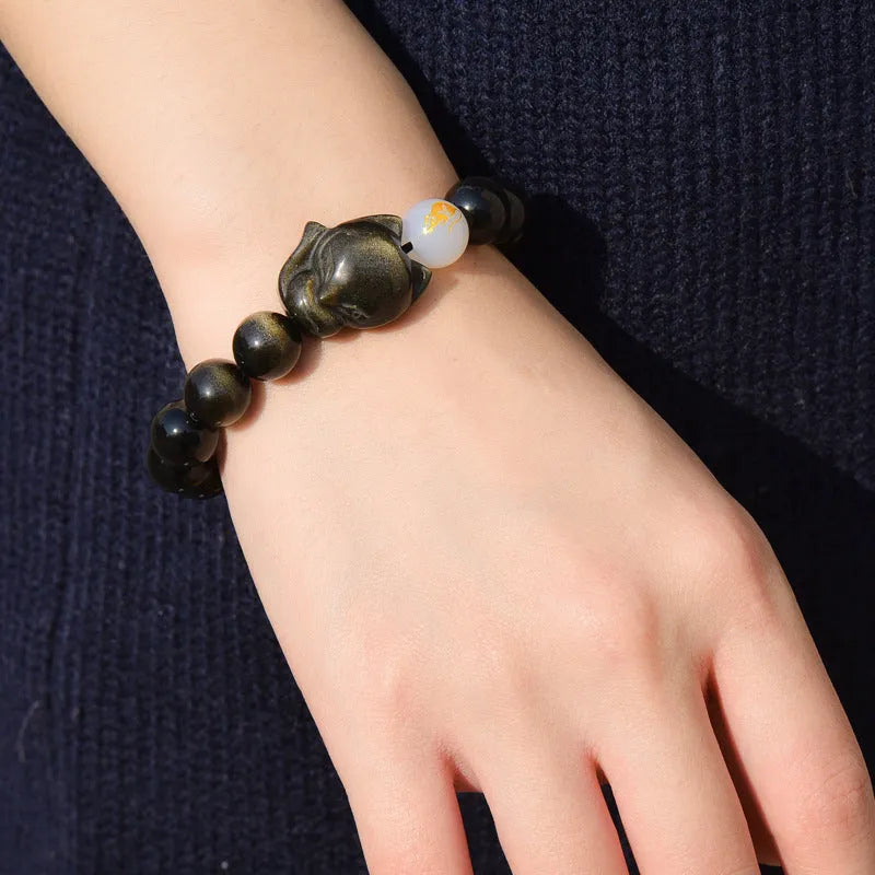 Natural obsidian bracelet with 10mm beads in national style, showing gold obsidian, silver stone, and obsidian options.