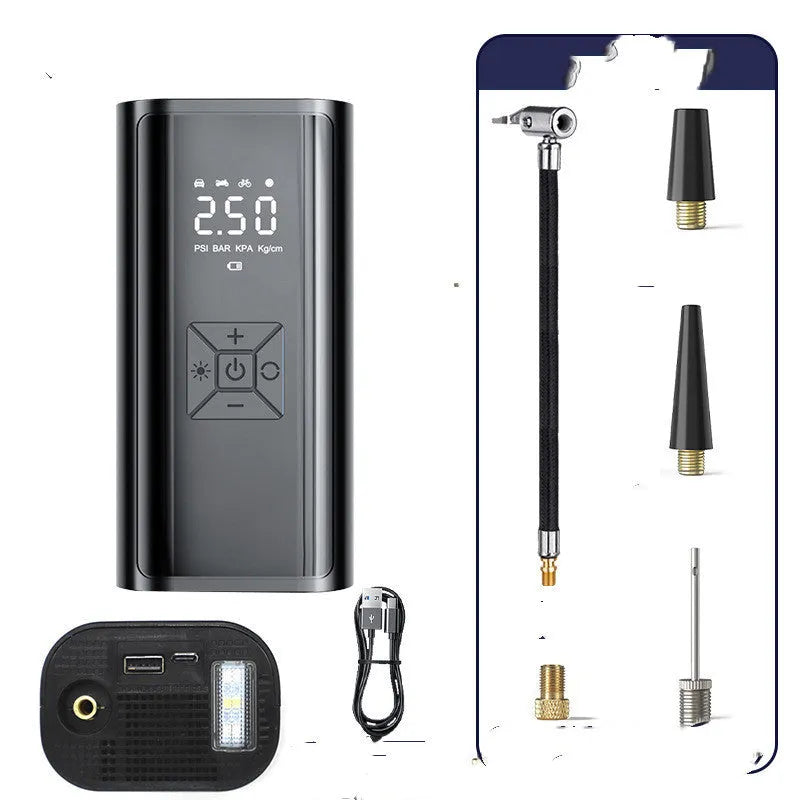 Portable wireless digital car tyre pump with LED display and inflatable hose