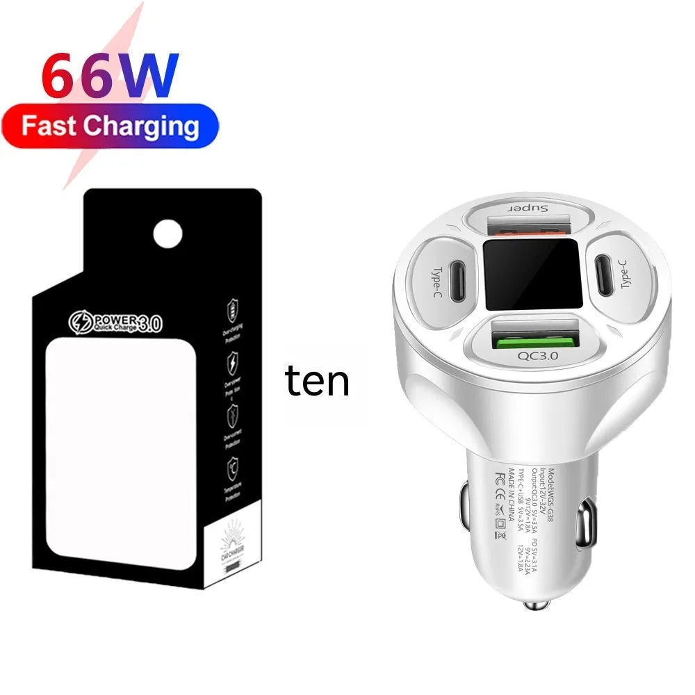 66W black digital display car charger with two USB ports and two Type-C ports.