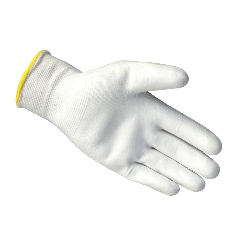White PU coated labour gloves showing flexible construction and extended 24cm wrist coverage