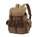 Retro polyester cotton canvas backpack in military green with antique bronze hardware, showing front and side view.