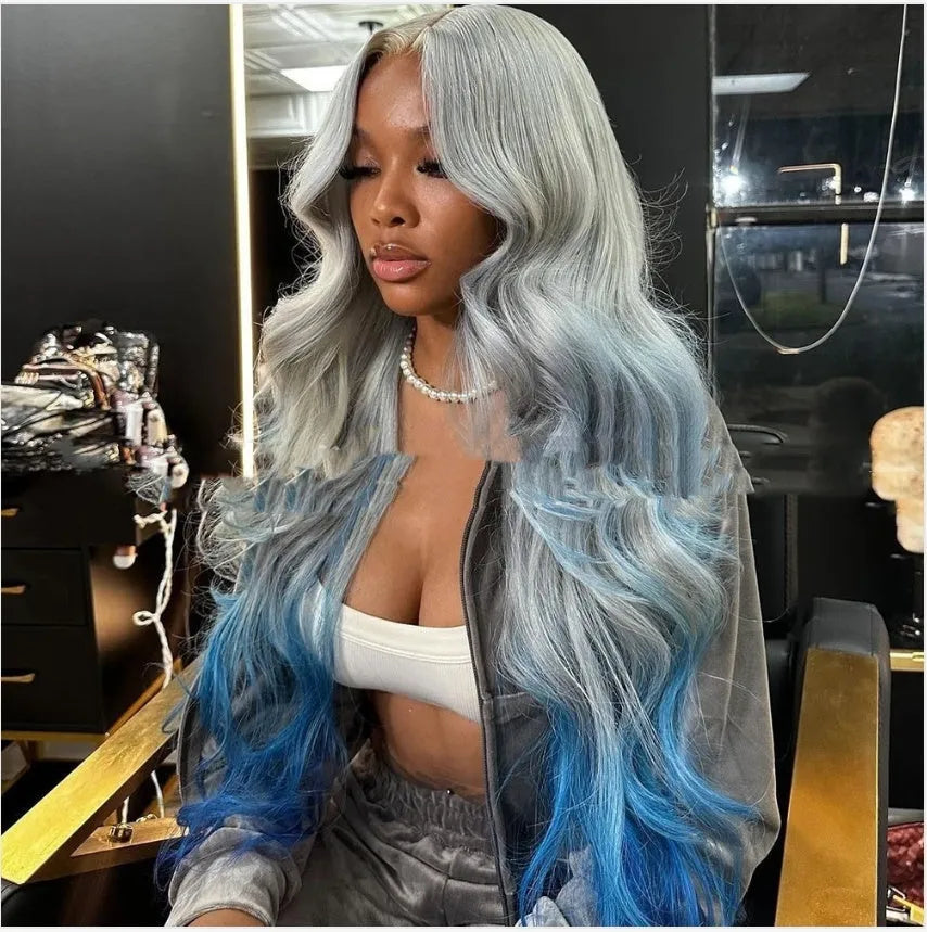 Grey blue gradient human hair lace front wig with natural-looking hairline