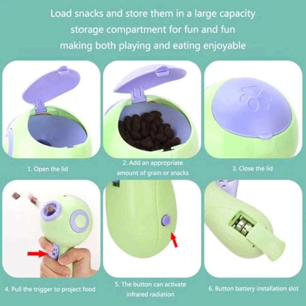 Green, orange, and pink dog treat launcher toy for remote feeding and interactive play