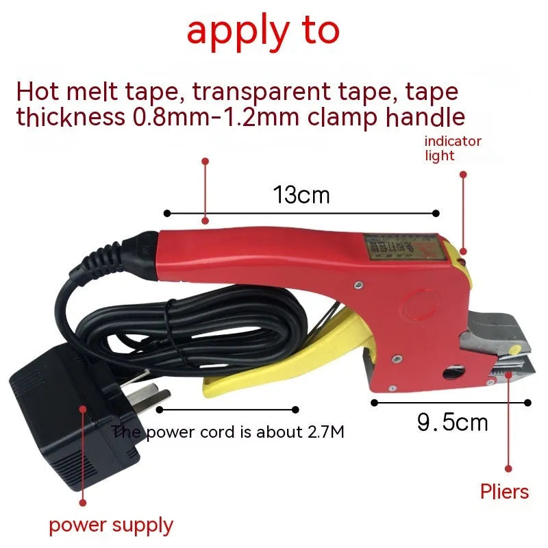 Electric hot melt packing machine suit with plastic steel tensioner and yellow packaging tape