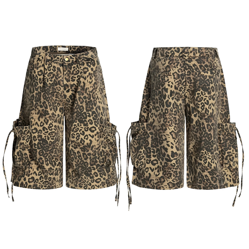 Women's leopard print cotton cropped trousers with high waist and button fly