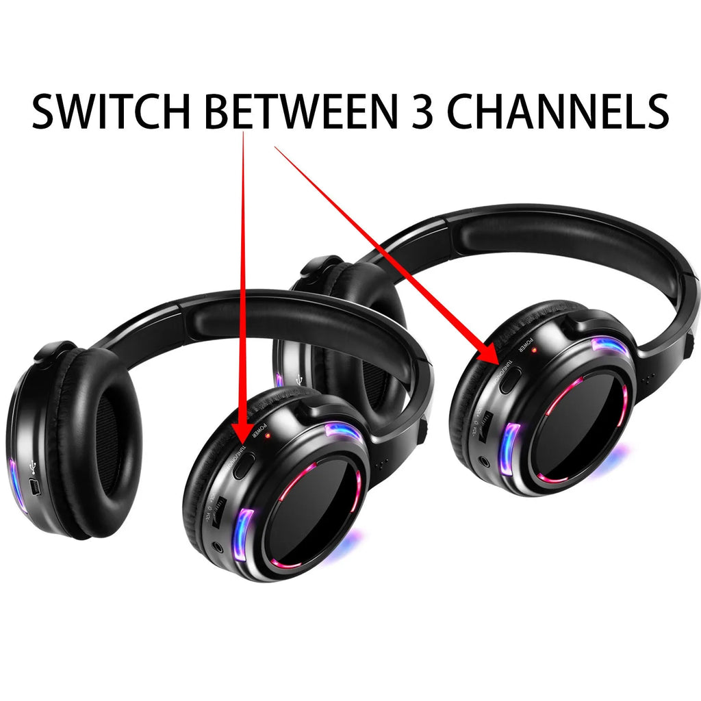 Black over-ear silent disco wireless headphones with a 3.5mm cable, shown on a head model.
