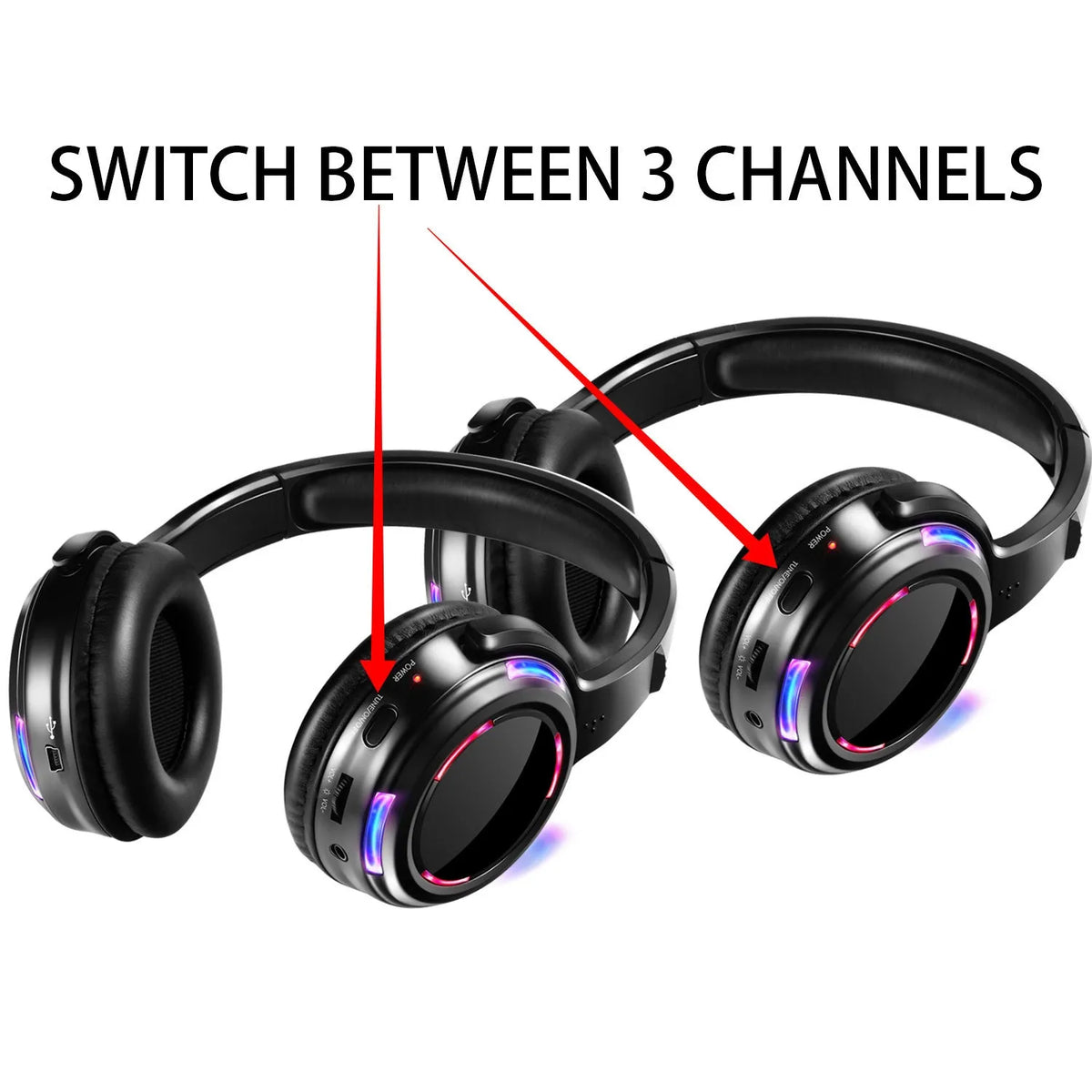 Black over-ear silent disco wireless headphones with a 3.5mm cable, shown on a head model.