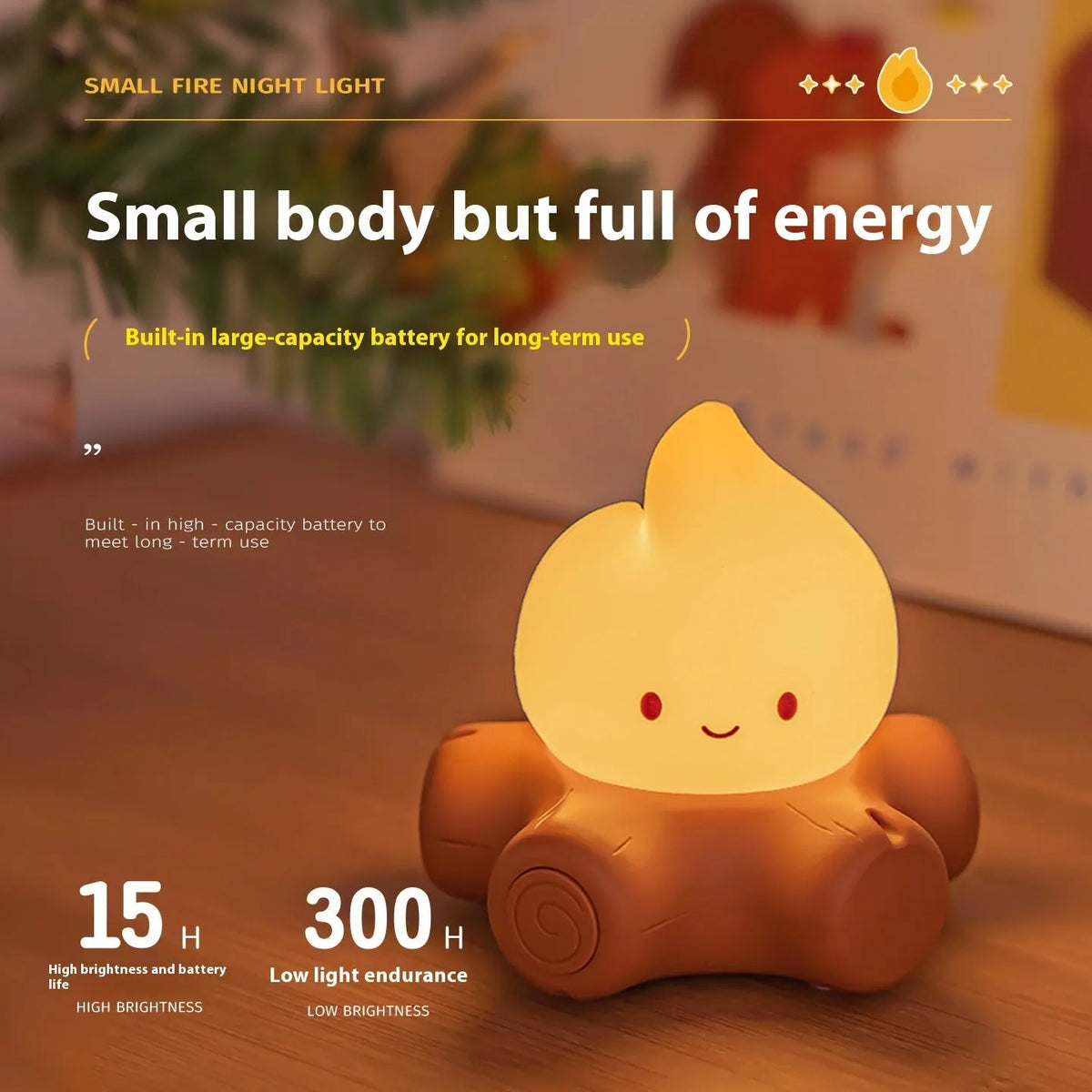 Cartoon silicone fire pile small night lamp with built-in battery and ABS shade