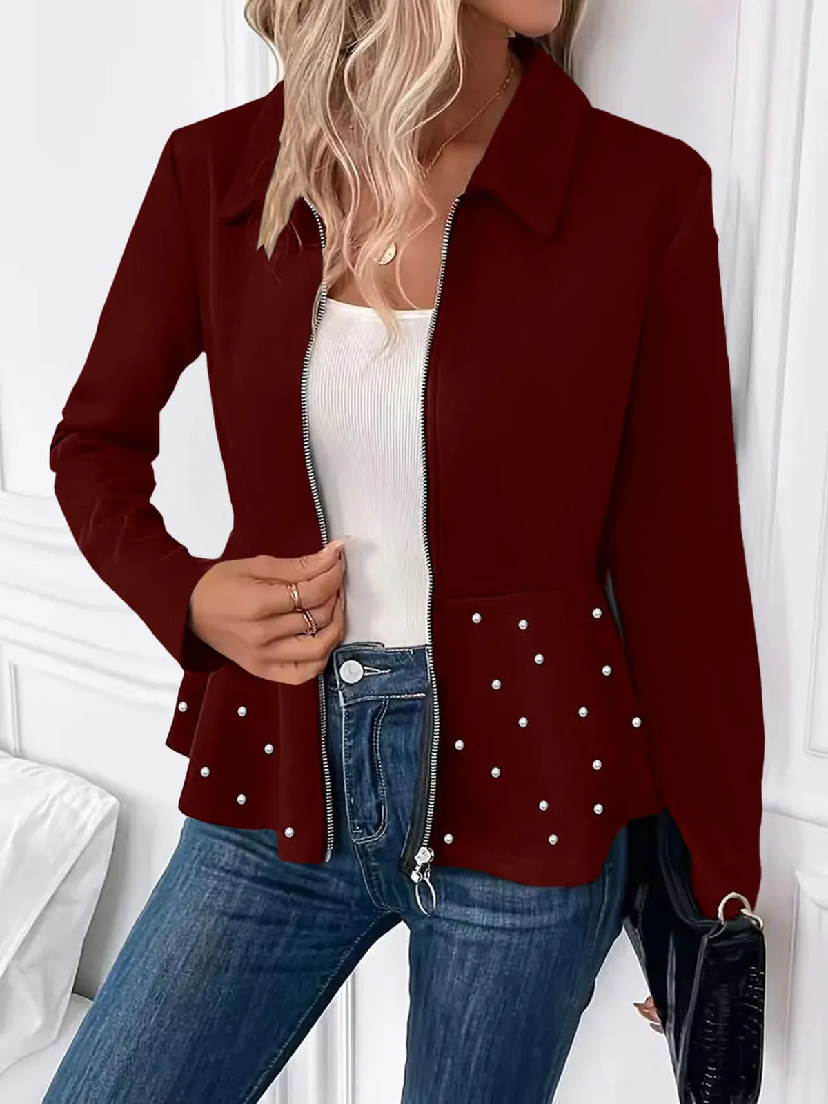 Women's black spandex coat with beaded heavy-duty zipper and ruffled hem, loose fit design