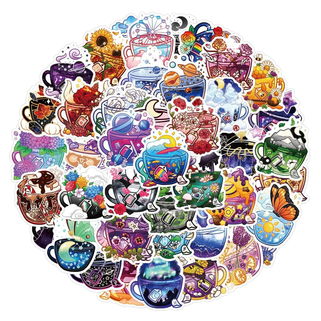 Colourful tea cup design waterproof graffiti stickers for scooters and luggage customisation
