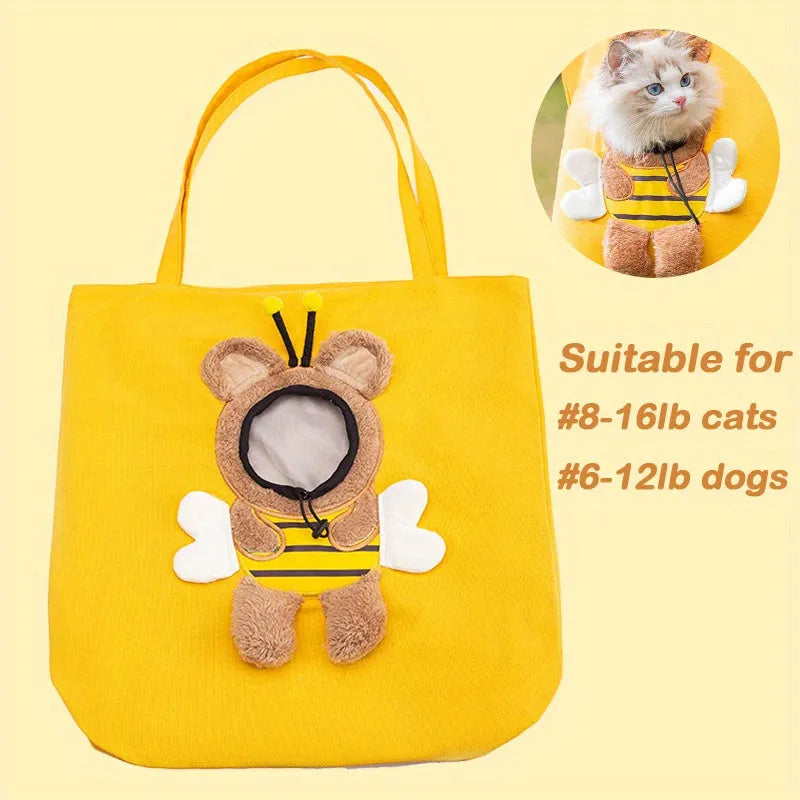 Little Bee Design canvas pet carrier shoulder bag in blue with animal pattern and adjustable side opening.
