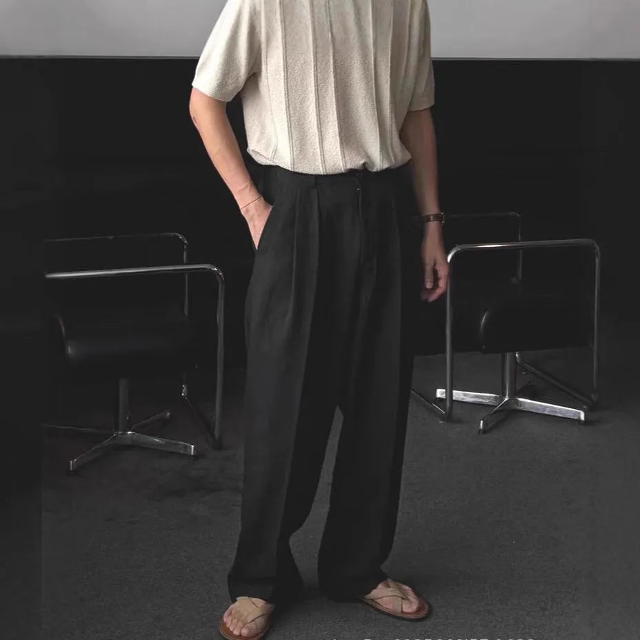 Men's Korean-style cotton linen trousers in wide-leg cut with elastic waistband