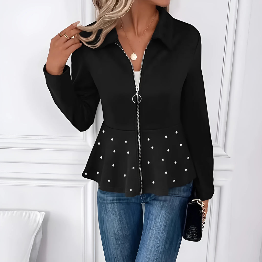 Women's black spandex coat with beaded heavy-duty zipper and ruffled hem, loose fit design