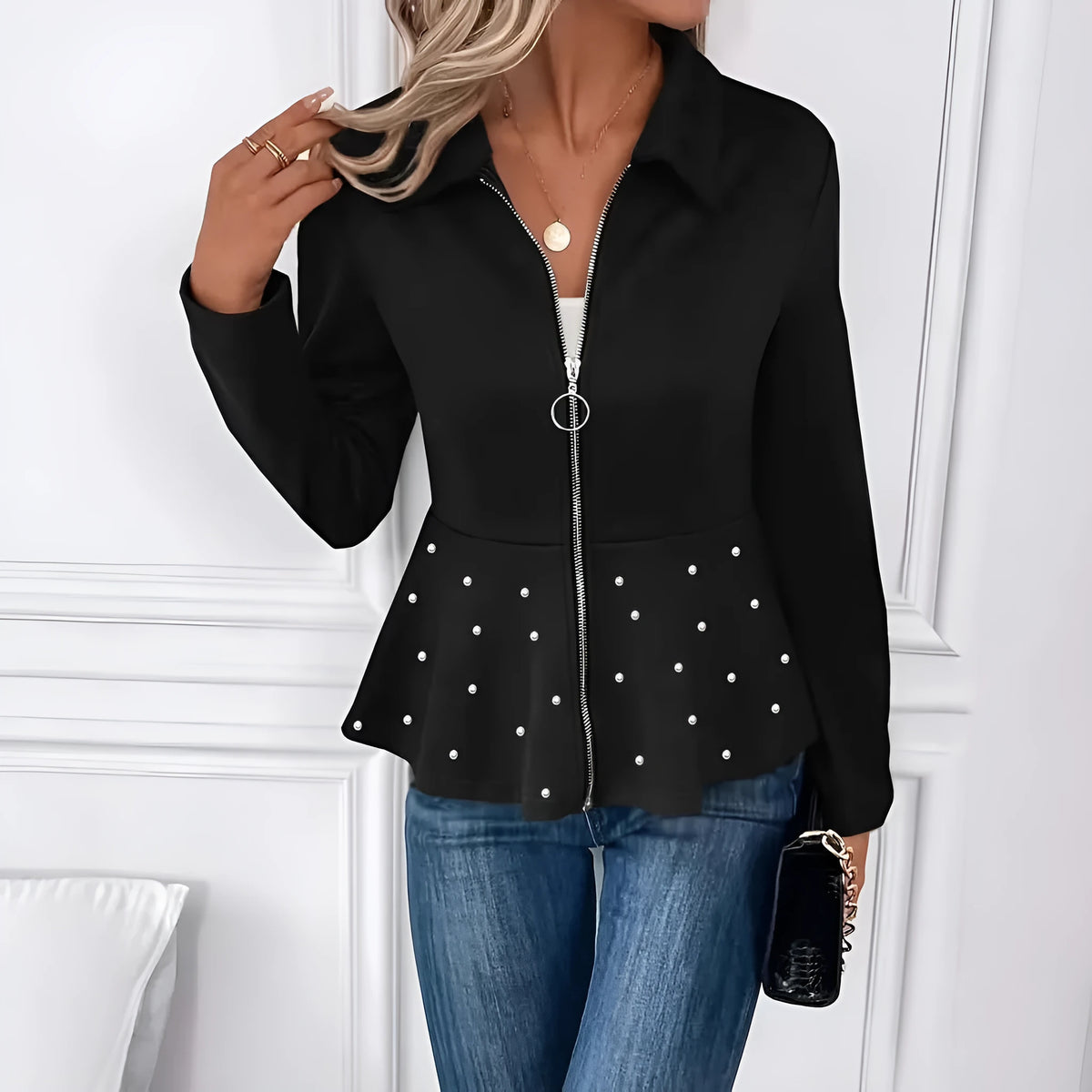 Women's black spandex coat with beaded heavy-duty zipper and ruffled hem, loose fit design