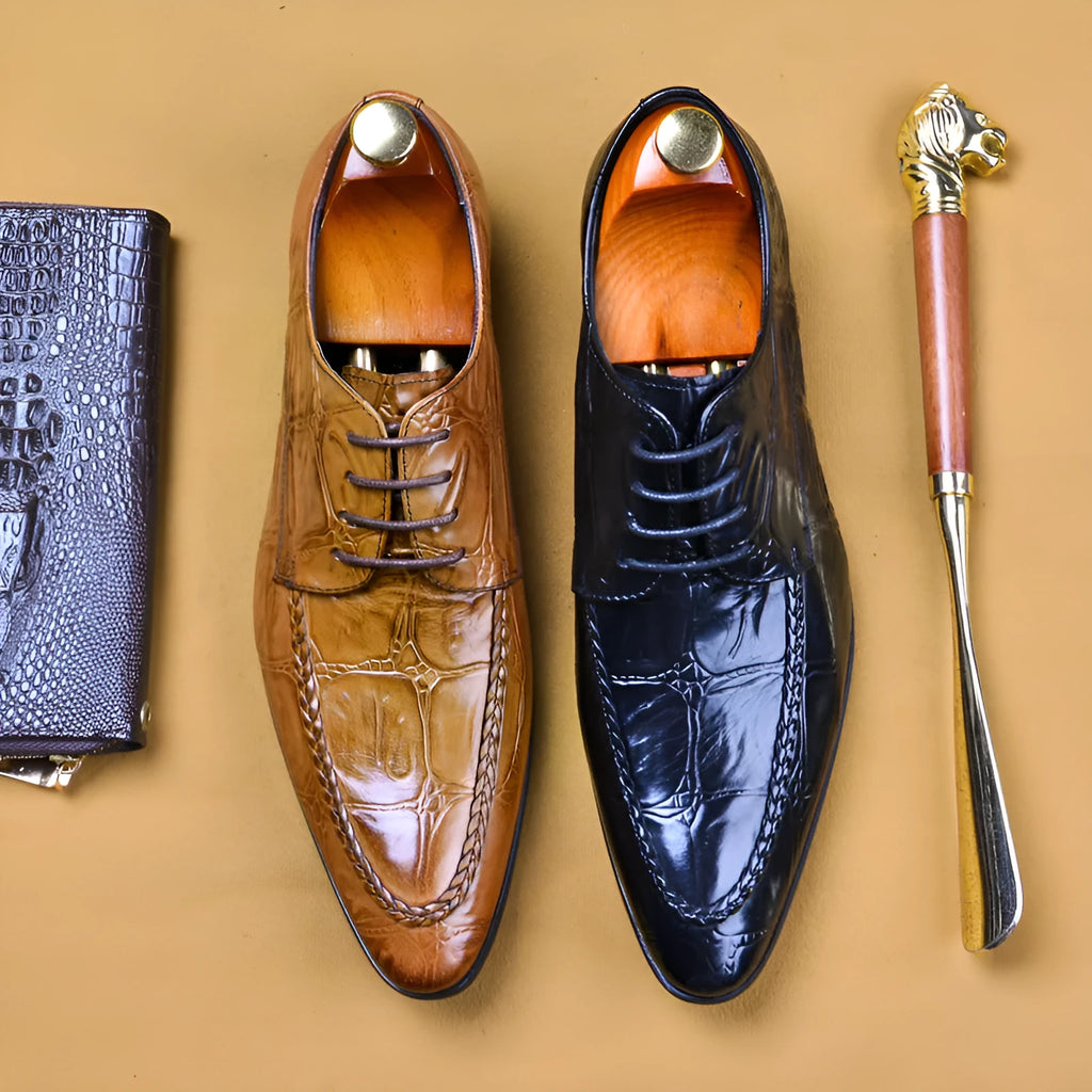 Men's black and brown leather formal shoes with alligator pattern and horse bit buckle