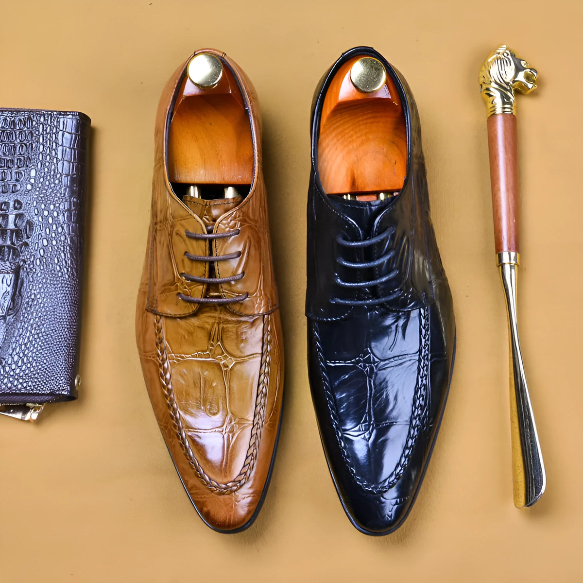 Men's black and brown leather formal shoes with alligator pattern and horse bit buckle