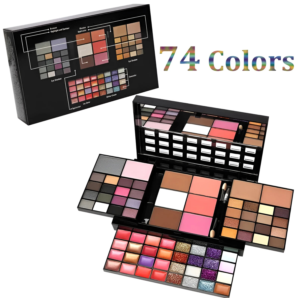 74 colour makeup palette set with four powder plates, a mirror, and included eyeshadow stick, contour brush, and lip brush