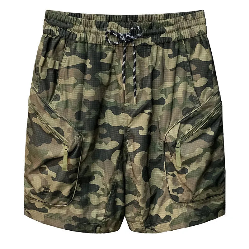 Men's loose fit camouflage cargo shorts in cotton blend fabric on white background