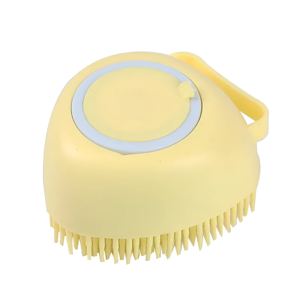 Blue silicone dog bath brush for washing and massaging pets during bath time.