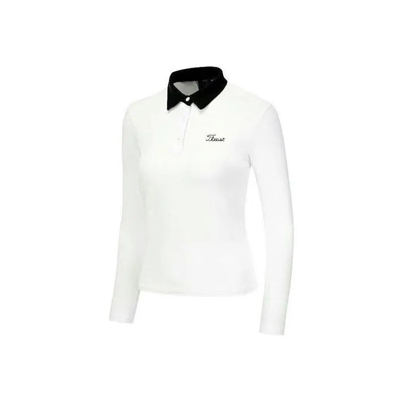 Women's white long sleeve polyester golf top for sun protection and outdoor activities